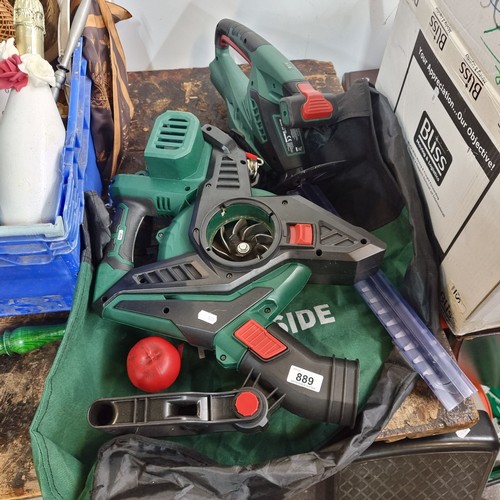 889 - Two Parkside tools including leaf blower model PLSA 40-Li C2 with collection bag and a cordless hedg... 