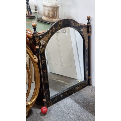 681 - Star Lot : A super hand painted Black and Gold Japanned mirror with Gold Ball finials.  From the fab... 