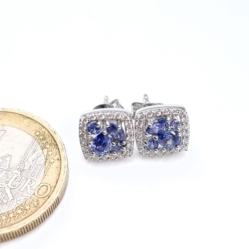 878 - A most attractive pair of tazanite stud earrings with white sapphire surround, mounted in sterling s... 