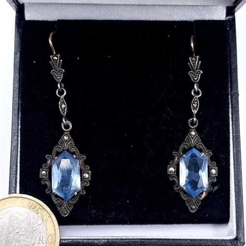 879 - A vintage art deco pair of blue topaz drop earrings with marcasite chain detailing, length 4.5cm, su... 