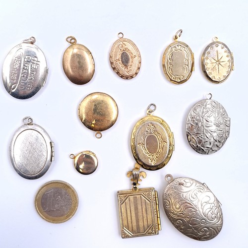 14 - A collection of four silver lockets together with six gold plated examples, all with design detailin... 