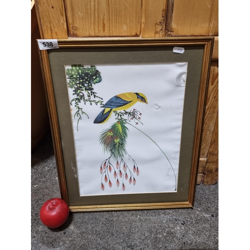 538 - A fabulous original painting on silk showing a Japanese garden bird perched on a fruit blossom branc... 