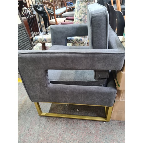 587 - A gorgeous designer modern grey velvet lounger chair featuring gold legs. Extremely comfortable. Fab... 