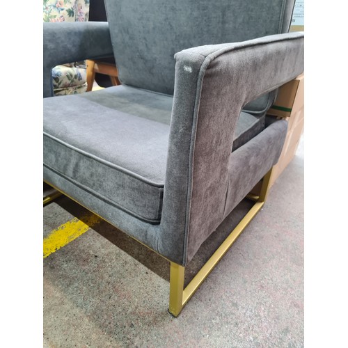 587 - A gorgeous designer modern grey velvet lounger chair featuring gold legs. Extremely comfortable. Fab... 