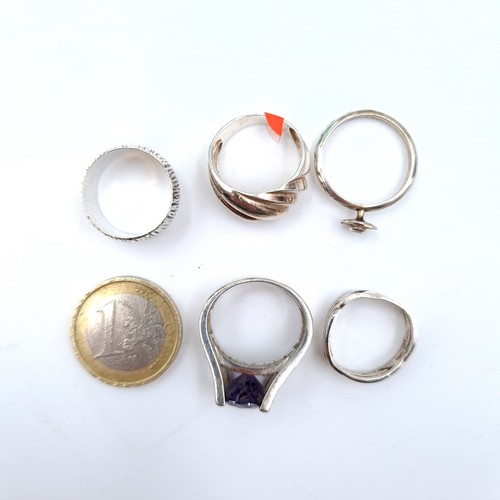 494 - A collection of five sterling rings, one with attractive amethyst setting, ring sizes J, L, M x2 and... 