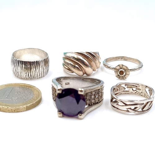 494 - A collection of five sterling rings, one with attractive amethyst setting, ring sizes J, L, M x2 and... 