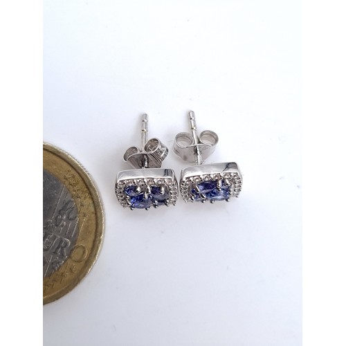 878 - A most attractive pair of tazanite stud earrings with white sapphire surround, mounted in sterling s... 