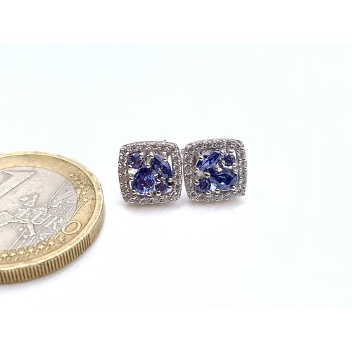 878 - A most attractive pair of tazanite stud earrings with white sapphire surround, mounted in sterling s... 