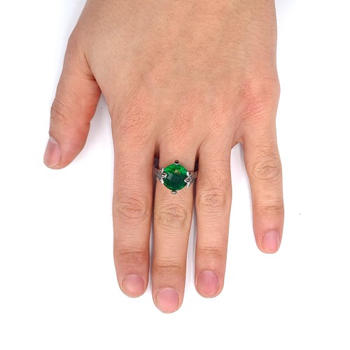 881 - a green tourmaline sterling stone ring with gem set marcasite mount, ring size S, weight 5 grams, bo... 