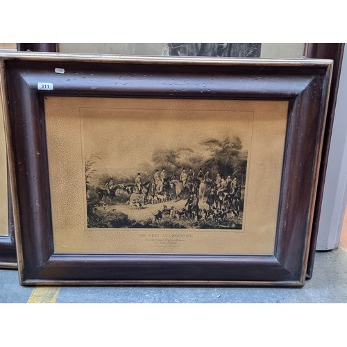 311 - A very large pair of antique prints featuring hunting scenes titled 