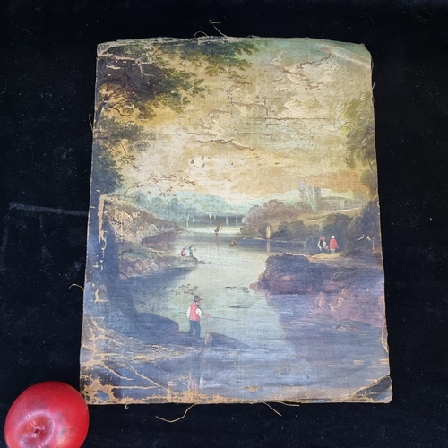 111 - Star Lot: An early  19th century oil on canvas fragment of a Dutch school painting. Features a river... 