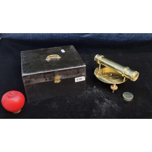 119 - A handsome nautical brass navigation set with compass and telescope. Presented in a lovely dark wood... 