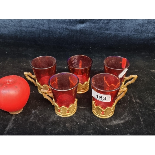 183 - A lovely set of 5 vintage cranberry glass teacups with removable gold toned holders. in very good co... 