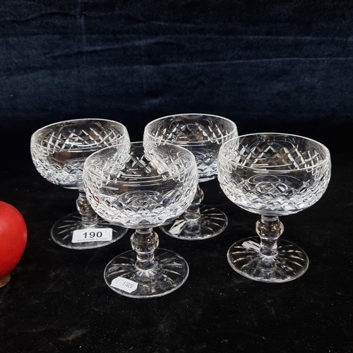 190 - An elegant set of four Waterford Crystal stemmed Champagne saucers in the Boyne pattern.