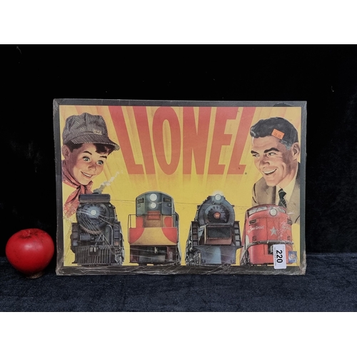 220 - A metal wall sign showing a Lionel trains advertisement originally from the 1950s.