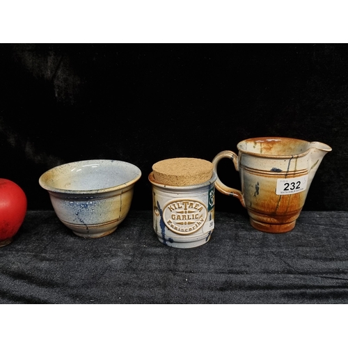 232 - Three beautiful pieces of Wexford based art studio Kiltrea pottery including a garlic jar, milk jug ... 