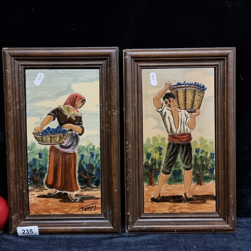 235 - Two gorgeous hand painted ceramics tiles depicting traditional farming scenes.