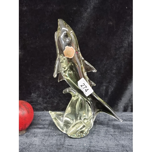 274 - A beautiful 1960's Italian Murano smoked green glass Shark sculpture. With original Murano label sti... 