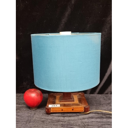 281 - A super vintage table lamp with contrasting wooden square base and duck egg blue shade.