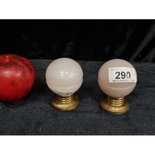 290 - A set of beautiful pink alabaster Italian made door knobs with brass mounts. Cold to the touch.