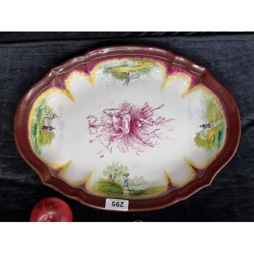 295 - A stunning French 18th century hand painted provincial ceramic meat platter. Signed 'Eugenie'. In go... 