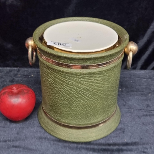 303 - A fab retro mind century insulated ice bucket with green leather effect lid and ring handles.