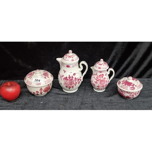 304 - A pretty 19th century Meissen lidded ceramic cream and milk jug along with two lidded sugar bowls. A... 