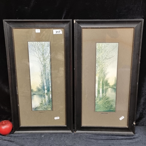 317 - A pair of vintage prints titled 'Birches in Autumn' and 'A Waning Day'. Double mounted in black and ... 