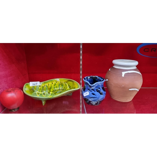 327 - Three charming ceramic items including an unusual serving dish in bright green and a blue pitcher an... 