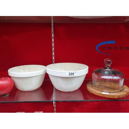 329 - Three items including two antique Mason Cash bowls along with a wooden cheese board with glass dome.