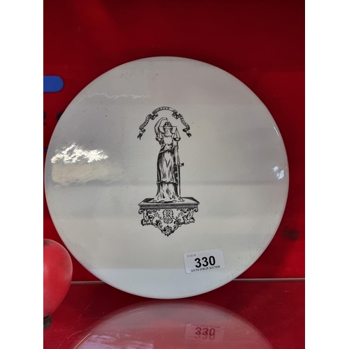 330 - Star Lot : A fabulous 19th century  ceramic cheese board featuring Lady Justice to centre. In very g... 