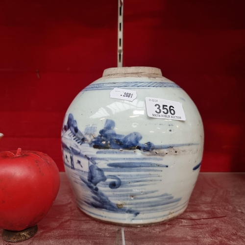 356 - Star Lot : A great example of early antique  sticky pottery Chinese blue and white ginger jar depict... 