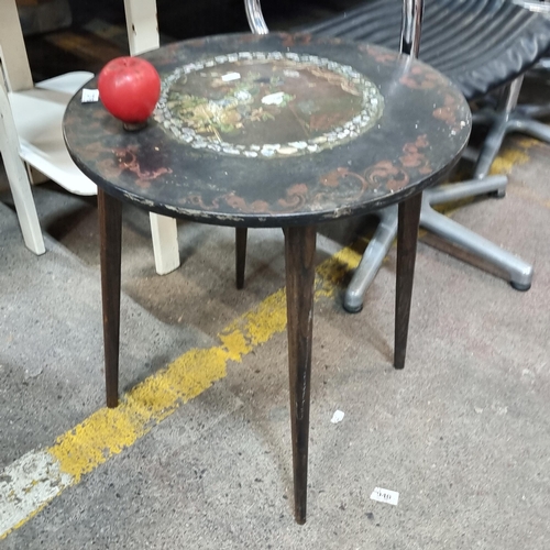 376 - magnificent hand painted and inlayed side table, with a round top boasting a vignette to centre feat... 