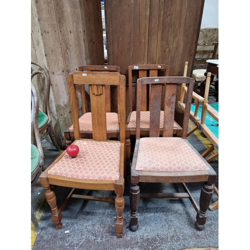 434 - Four handsome 1930s dining chairs including one with Art Deco carved design to backrest. All with pa... 