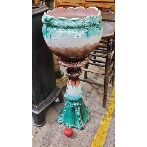 439 - Star Lot : A striking High victorian 19 century Majolica jardiniere in shades of turquoise, pink and... 