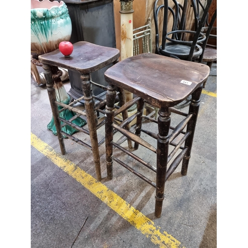 441 - Two rare large 19th century Irish high stools with turned supports. From the kitchen of the amazing,... 