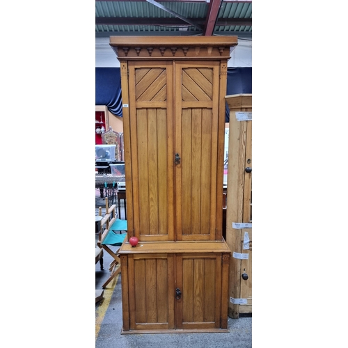 449 - Star Lot : A very handsome tall antique Arts and Crafts cupboard. Features three shelves to top inte... 