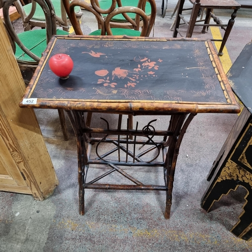 452 - A super late 19th century Chinoiserie bamboo side table. Features hand painted bird pattern to top. ... 