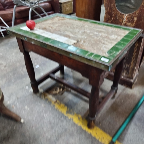 460 - A Victorian tile topped table with brass bound edge. Comes with original tiles to restore top. Prove... 