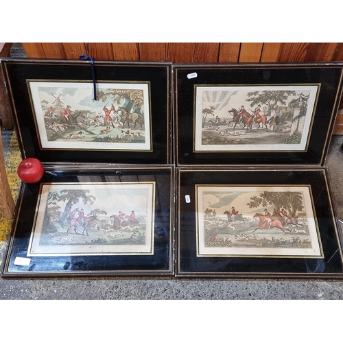 470 - Star Lot : A set of four early 20th century aquatint etchings of a hunting equestrian theme. Housed ... 