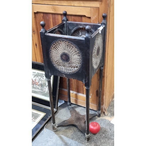 471 - A beautiful and intricate early 20th century rattan and wood square plant stand.  From the sunroom o... 