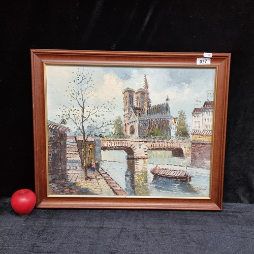 77 - A gorgeous original oil on canvas painting featuring a landscape scene of Notre Dame Cathedral as sc... 