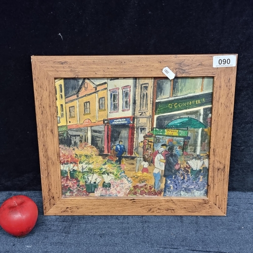 90 - A charming original oil on board painting featuring a bustling pedestrian street with colourful shop... 