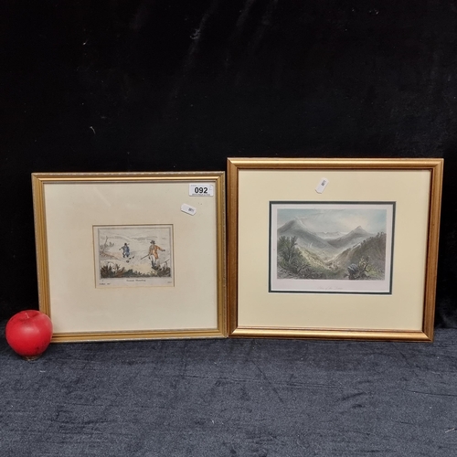 A lovely pair of antique etchings including a hand coloured example titled "Grouse Shooting" originally by Henry Alkin and published in 1820, along with a further example titled "Glen of the Downs" originally painted by W.H. Bartlett and engraved by J.C. Bentley. Both presented in fine gilt frames.