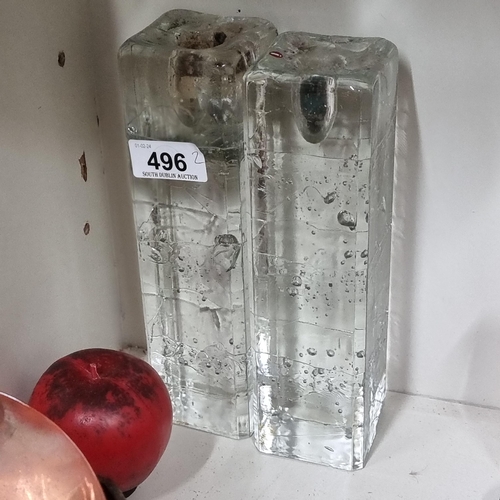 496 - A pair of very head stylish mid century art glass candle sticks. Slight loss but hard to see it with... 