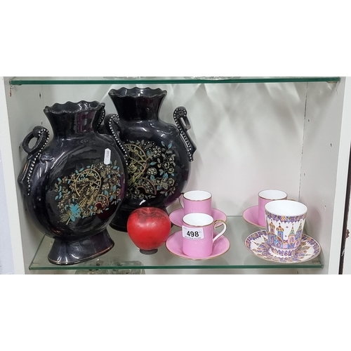 498 - A fabulous collection of six ceramic items including two large decorative moon flasks Sd, three mini... 