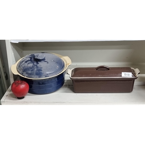 519 - Two kitchen ceramic items including a Le Creuset tureen pot along with a blue glazed Dutch oven. Bot... 