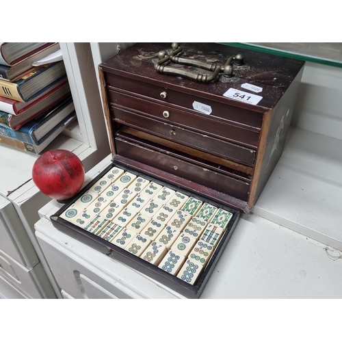 541 - A fascinating antique Mahjongg game made of thick bone and bamboo in a  box with sliding drawers. Co... 