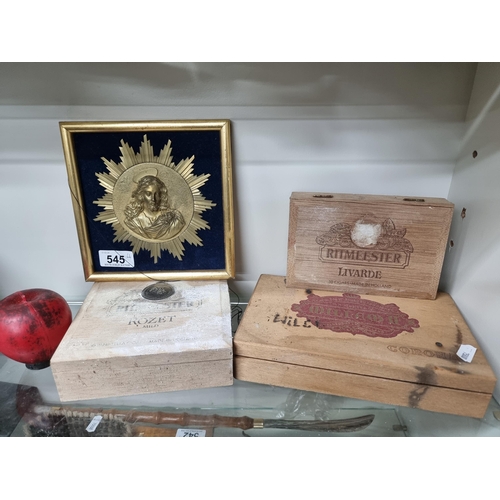 545 - Four items comprising of three vintage wooden cigar boxes and a brass picture of Jesus Christ. From ... 