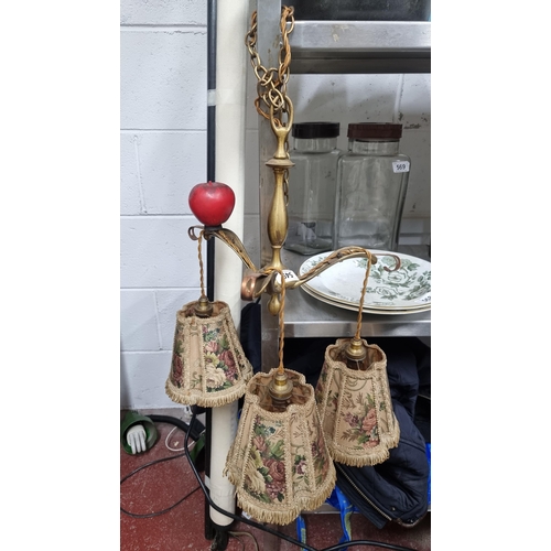 549 - A fabulous Mid Century brass toned three branch light fitting with the matching floral lamp shades, ... 